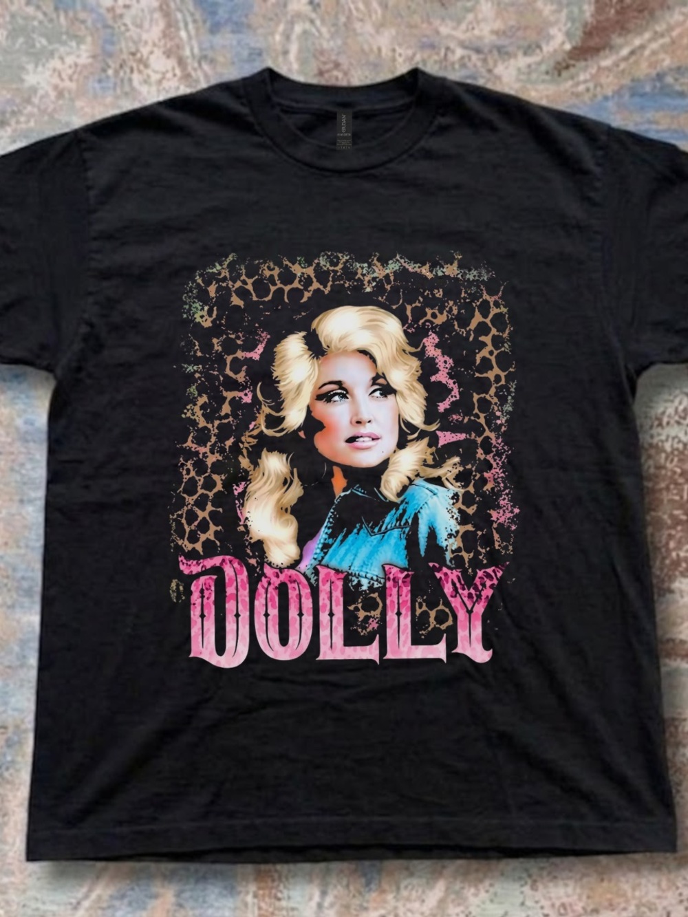 Gildan Black Short Sleeve Tee with Pink 'DOLLY' Graphic and Blue Accents